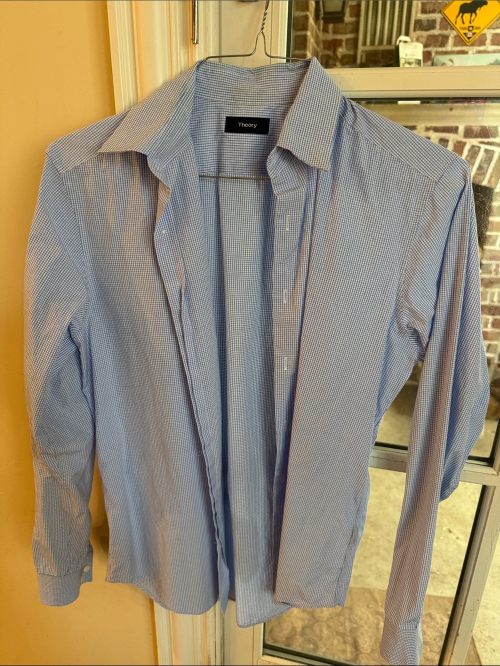 Theory Men's Blue Micro-Check Dress Shirt- medium